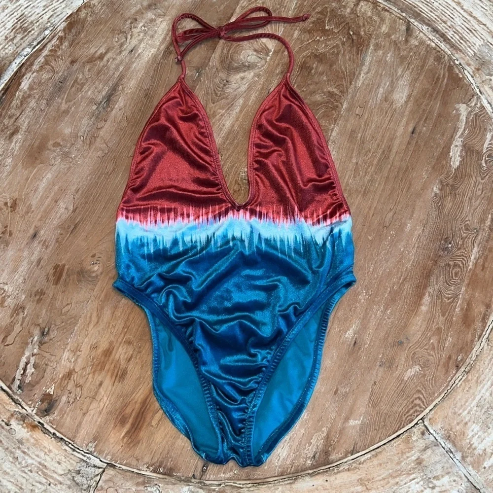 THE BIKINI LAB. One Piece Velour Swimsuit, Dip Dye Plunge in Teal, Size M